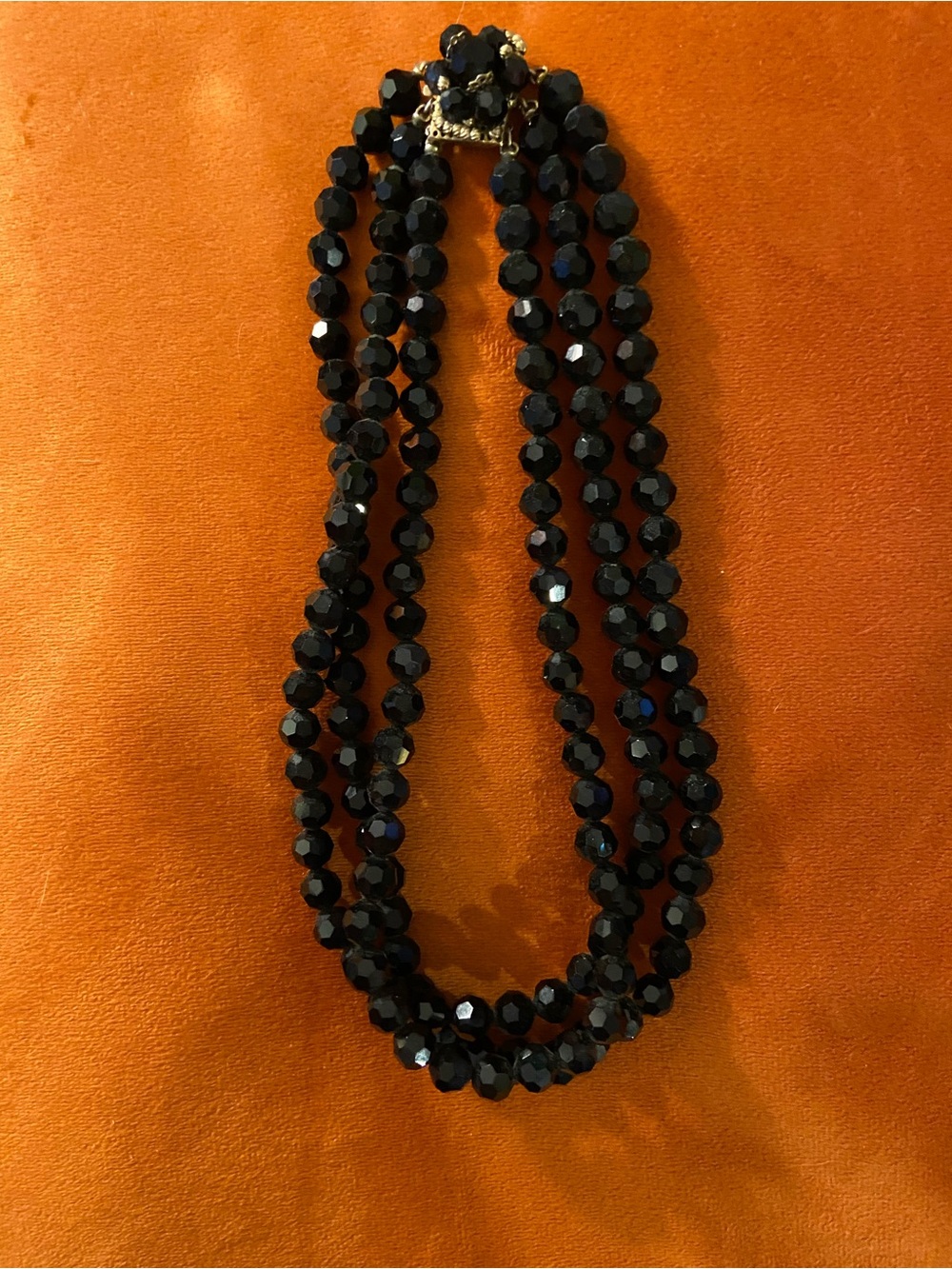 Vintage Black Faceted Triple-Strand Bead Necklace